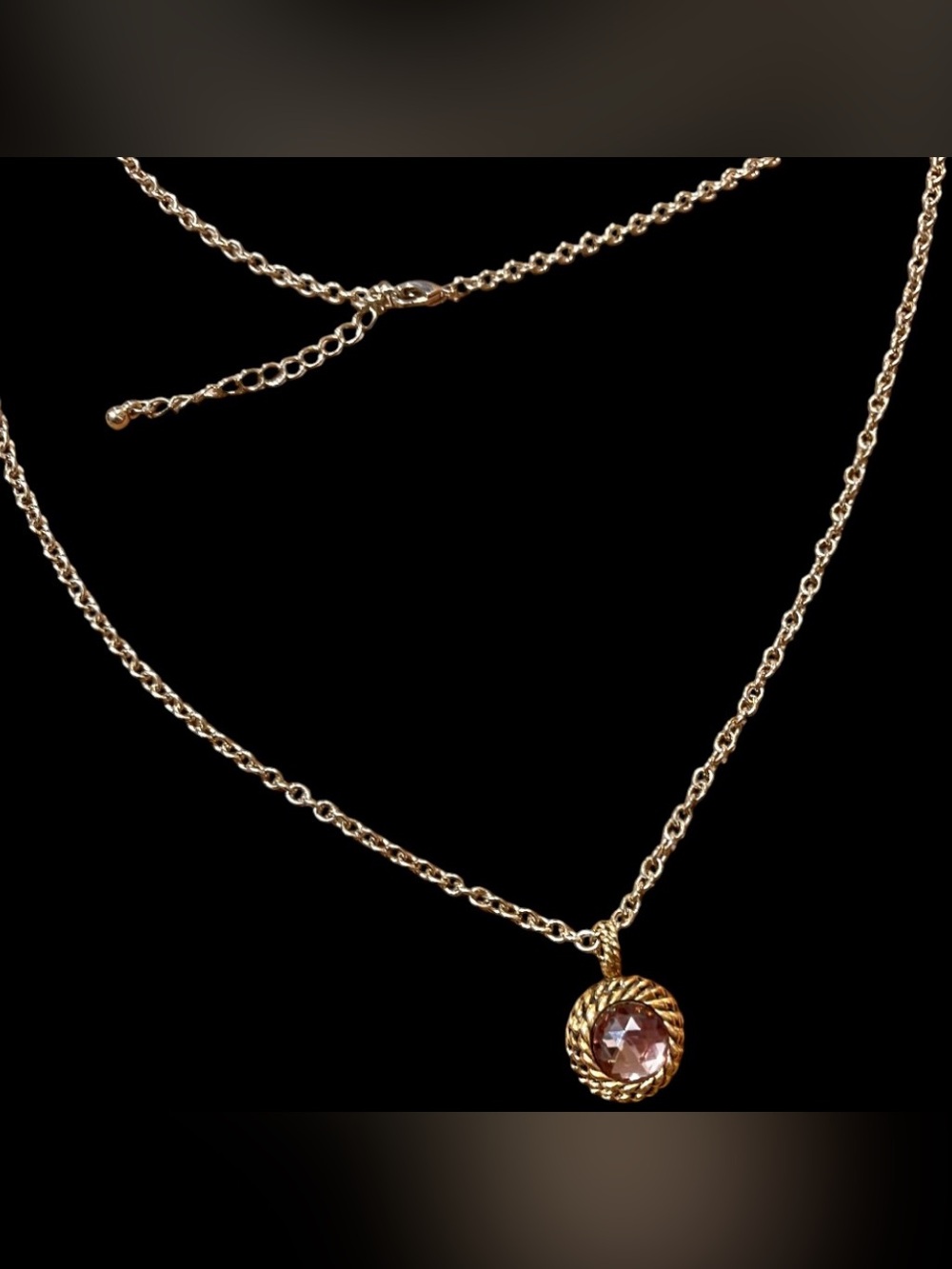 Vintage Style Gold tone Long necklace with Champagne Pink Crystal Round Pendant
